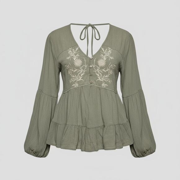 Japna Sage Green Floral Embroidery Ruffled Blouse Size Small - Picture 1 of 8